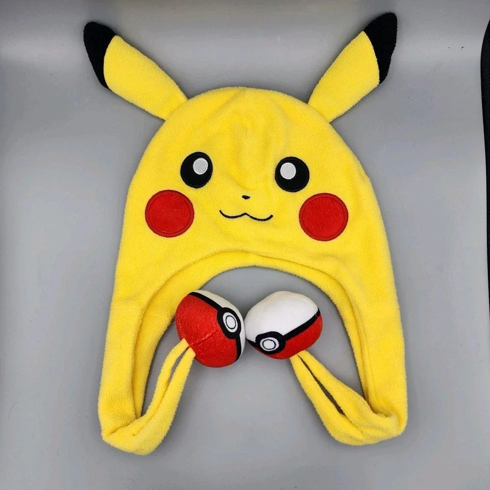 Pokemon Pikachu Beanie Hat Cap Winter Big Face PokeBalls Yellow Electric 2017